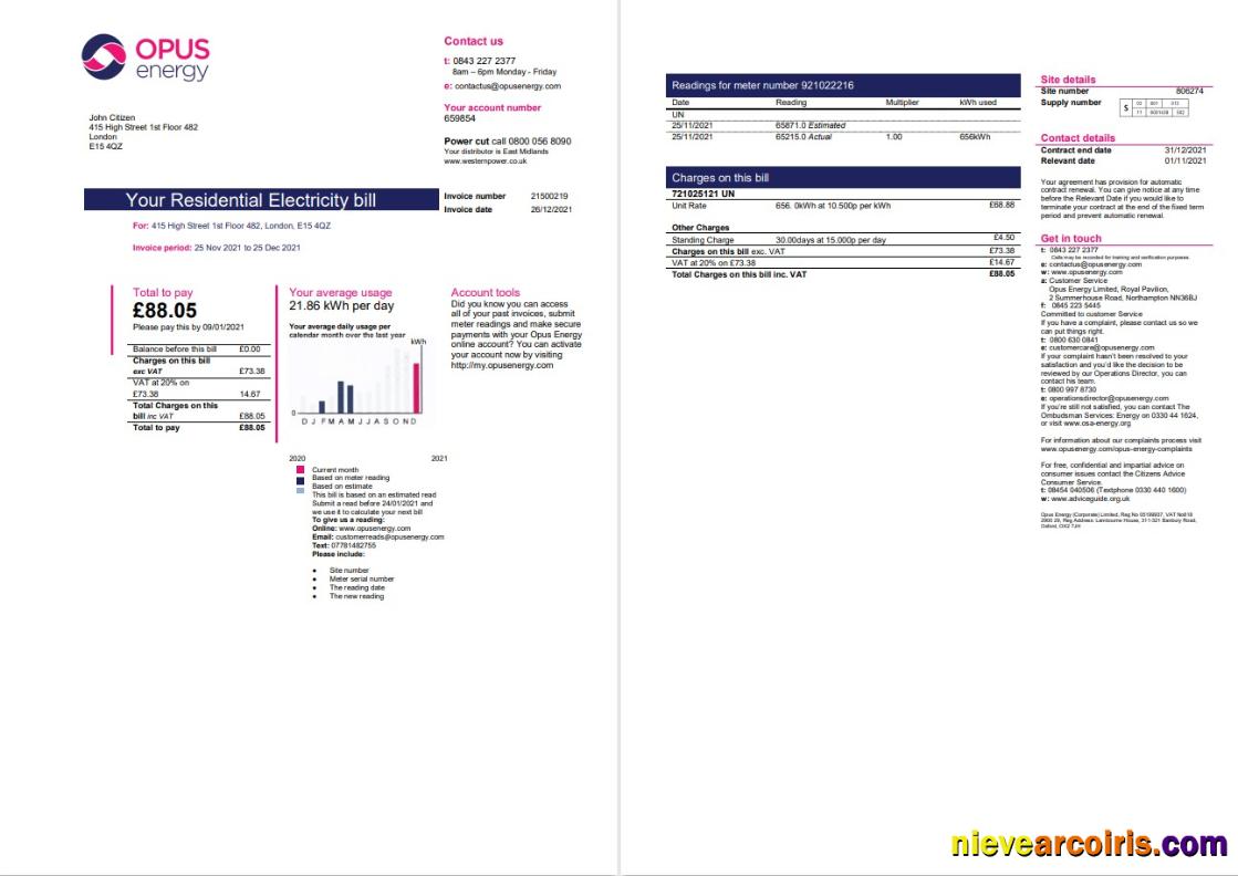 United Kingdom Opus Energy electricity utility bill 2 pages